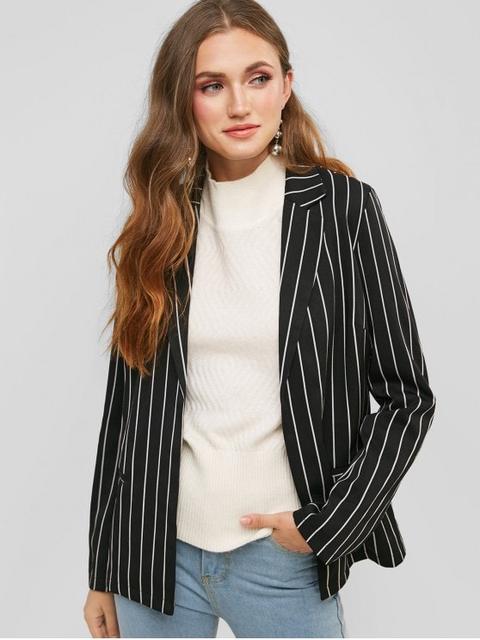 Blazer De Abierto Delantero A Rayas Con Bolsillos Falsos Black