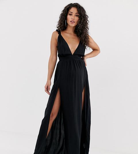 Asos Design Maternity - Vestito Lungo Da Spiaggia Nero Con Spalline Con Ruches E Scollo Profondo - Nero