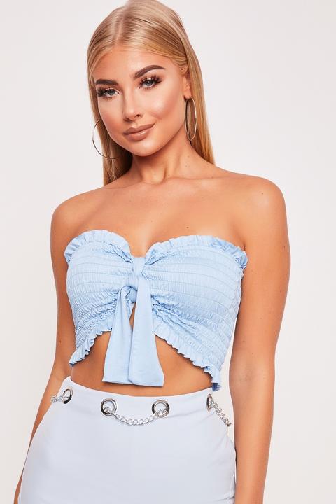 Marissa Powder Blue Smocked Tie Front Crop Top