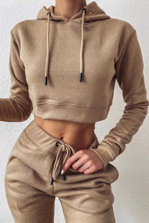 Camel Cropped Hoodie And Joggers Tracksuit Set