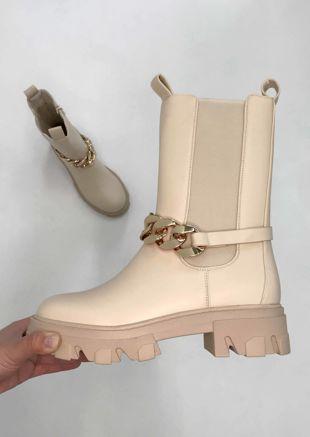 Pu Chunky Detachable Chain Strapped Chelsea Ankle Boots Beige