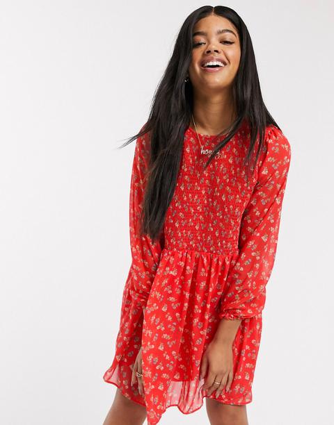 Asos Design Shirred Mini Smock Dress In Ditsy Floral Print-multi