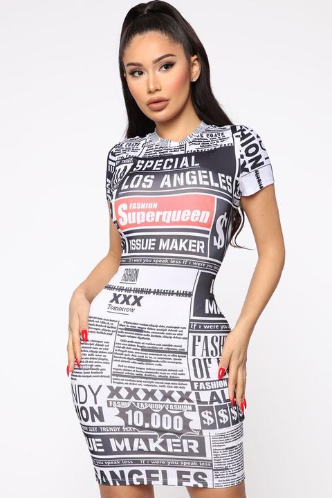 Tabloid Tease T Shirt Mini Dress - Black/white