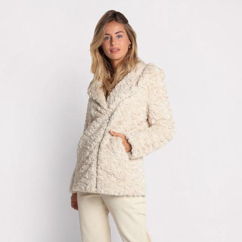 Manteau Droit Fausse Fourrure Ecru Femme