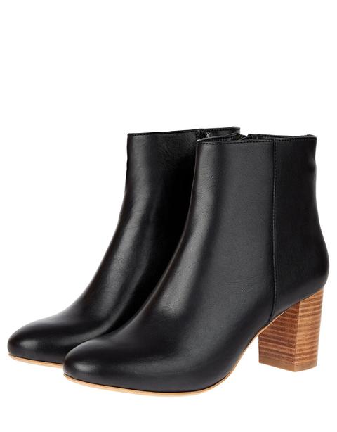 Stacked Heel Leather Ankle Boots Black