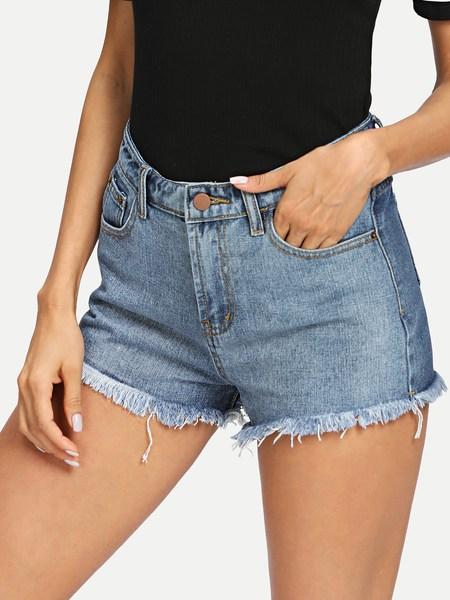 Bleach Wash Raw Hem Denim Shorts