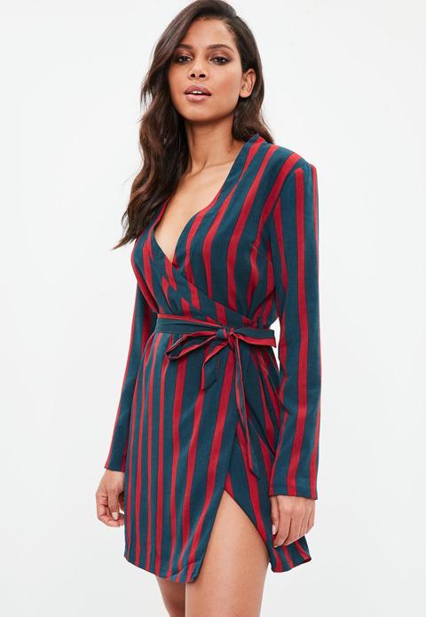 Red Contrast Stripe Tie Waist Shift Blazer Dress, Navy