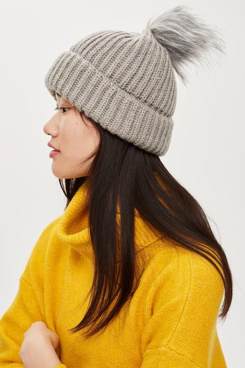 Womens Knitted Fur Pom Hat - Grey, Grey