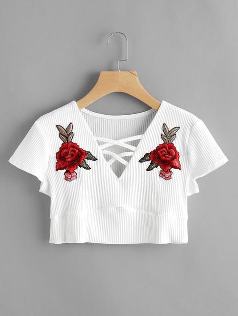 Rose Applique Crisscross Front Crop Tee