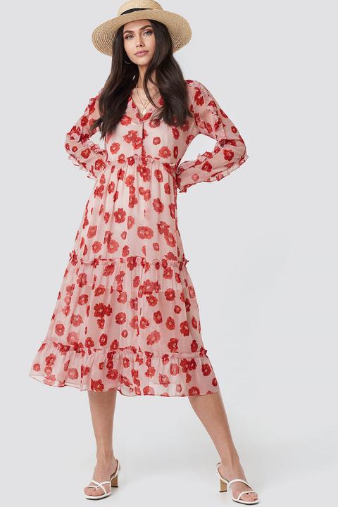 Printed Flounce Chiffon Dress Poppy Red