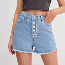 Shorts Denim Bajo Crudo Con Botón