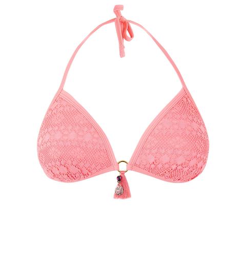 Pink Crochet Tassel Triangle Bikini Top New Look