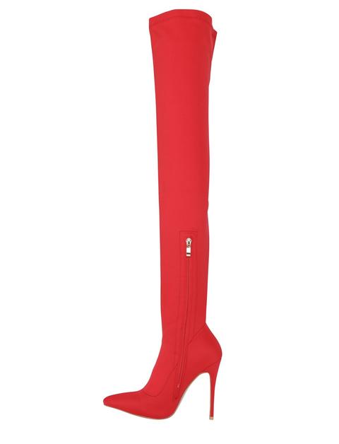 red stretch thigh high boots