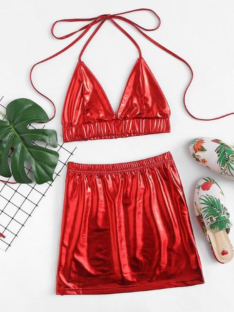 Top Pu Corto Halter Con Falda
