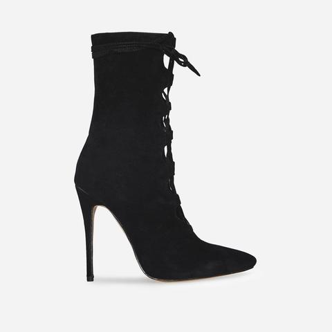 Peony Lace Up Pointed Ankle Boot In Black Faux Suede, Black