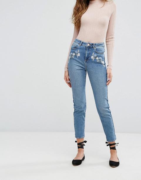 Miss Selfridge - Mom Jeans Con Fiori Ricamati - Blu