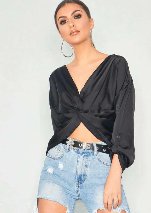 Leah Black Satin Twist Front Long Sleeve Top