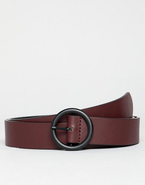 Asos Design - Cintura Sottile In Pelle Sintetica Bordeaux Con Fibbia Rotonda Nero Opaco - Rosso