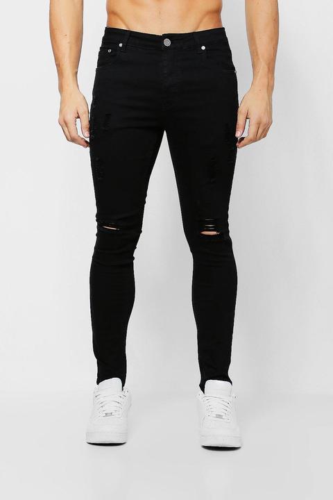 Mens Black Ripped Knee Spray On Skinny Jeans, Black