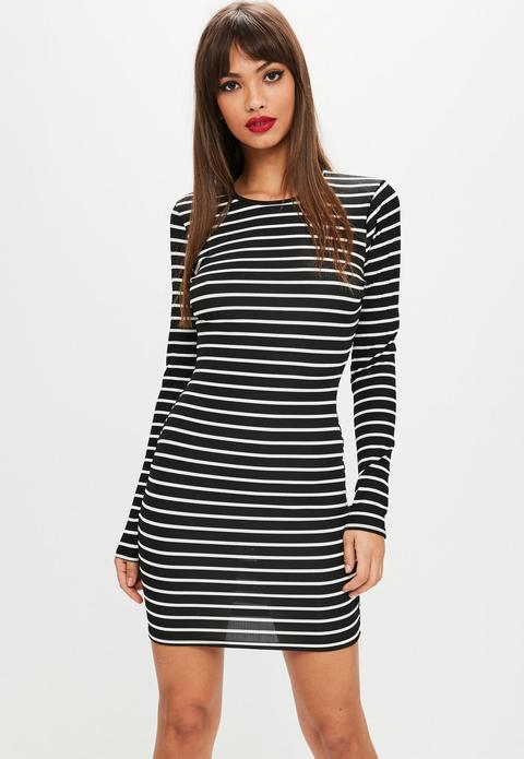 Black Stripe Ribbed Bodycon Dress, Black