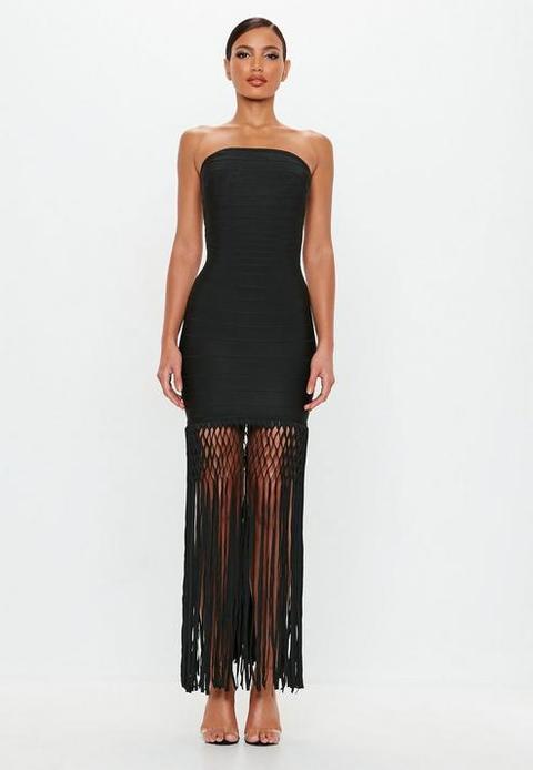 Black Bandage Fringe Midi Dress, Black