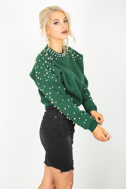 Emerald Green Pearl Embellished Sweatshirt