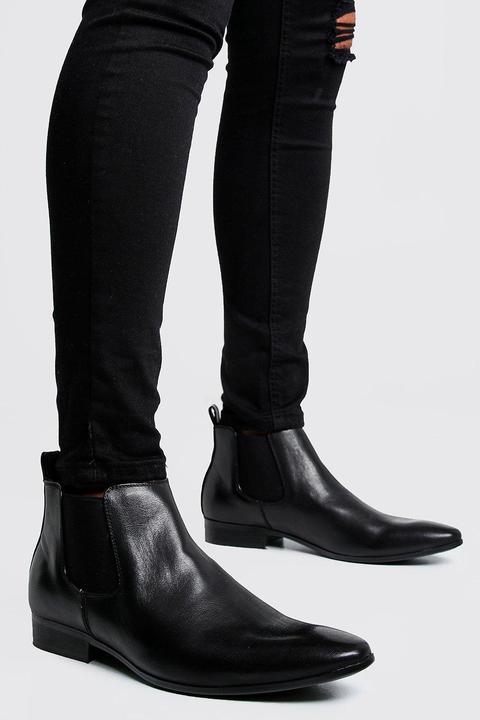 Mens Black Leather Look Chelsea Boots, Black