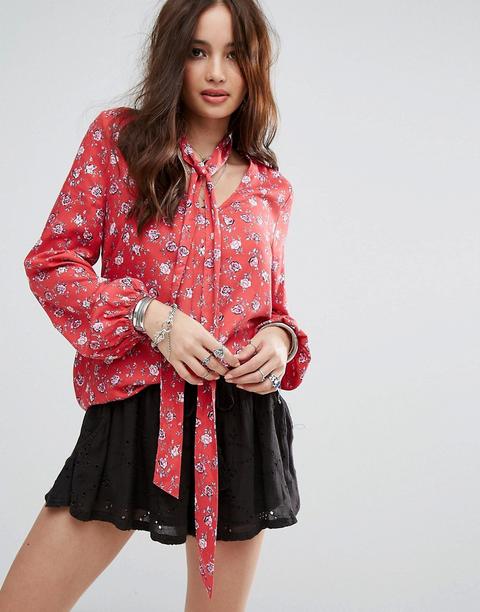 Honey Punch - Blusa Comoda A Fiori Vintage Con Allacciatura Al Collo - Rosso