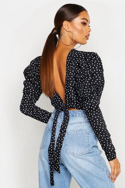 Blusa De Lunares De Algodón Con Espalda Descubierta, Negro