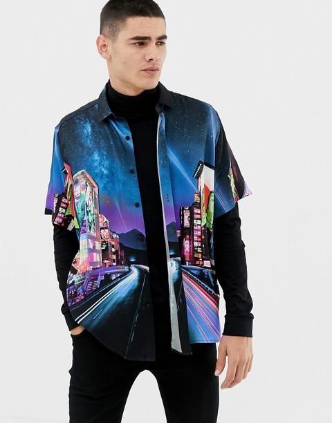 Asos Design - Chemise Décontractée En Satin Avec Imprimé Ville - Multi