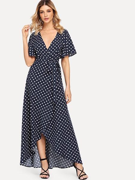 Vestido Escote V Con Estampado De Lunares