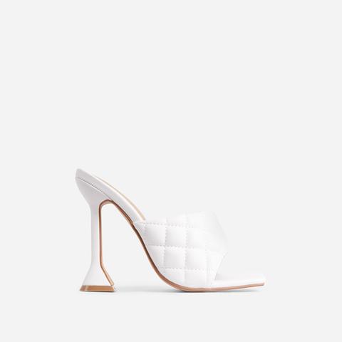 Butter Quilted Square Peep Toe Sculptured Heel Mule In White Faux Leather, White