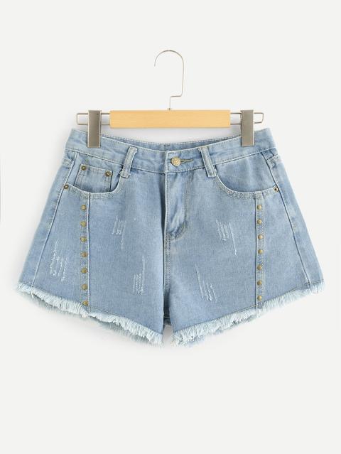 Shorts In Denim Con Orlo Grezzo Con Borchie