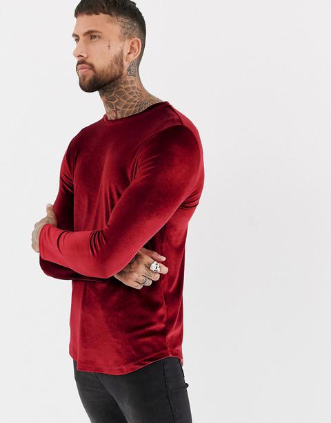 Asos Design - T-shirt Lunga A Maniche Lunghe In Velour Con Fondo Arrotondato Bordeaux - Rosso