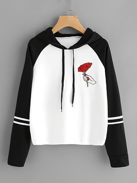 Rose Embroidered Contrast Striped Sleeve Hoodie