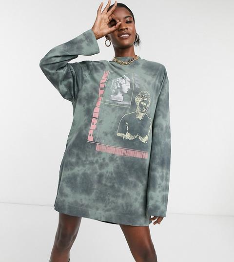 Vestido Estilo Camiseta De Manga Larga Con Estampado Gráfico Y Efecto Teñido Anudado De Collusion-multicolor