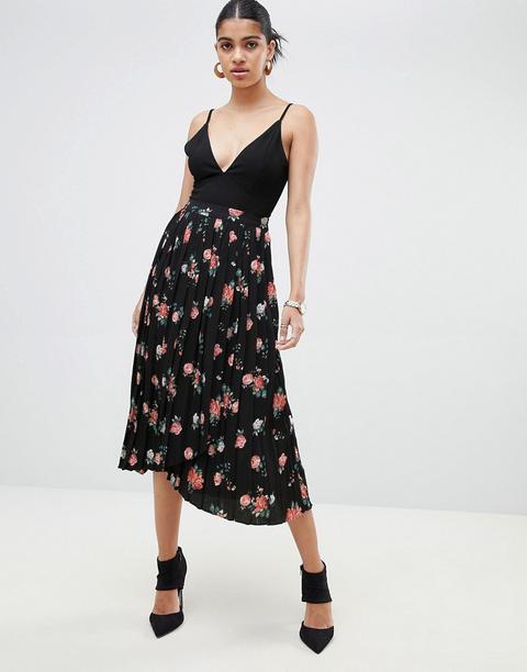 Fashion Union - Gonna Midi A Pieghe Stampa A Fiori Vintage - Nero