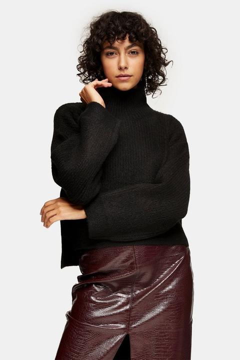 Black Cropped Funnel Neck Knitted Jumper