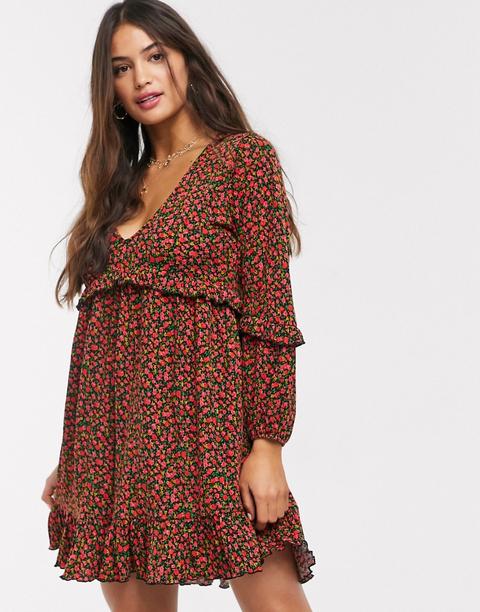Pull&bear - Robe Babydoll Courte Col V À Fleurs - Rouge-multicolore