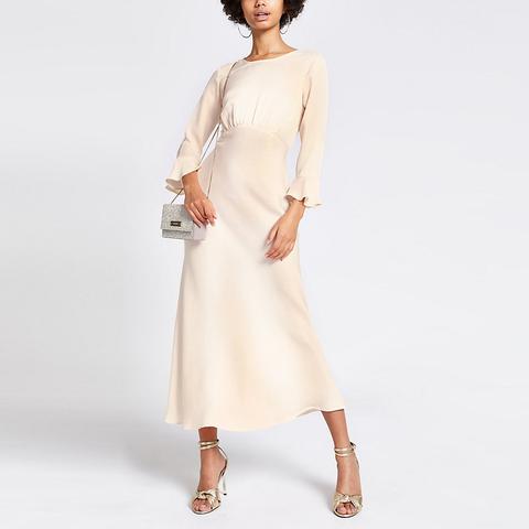 Cream Jacquard Waisted Midi Dress