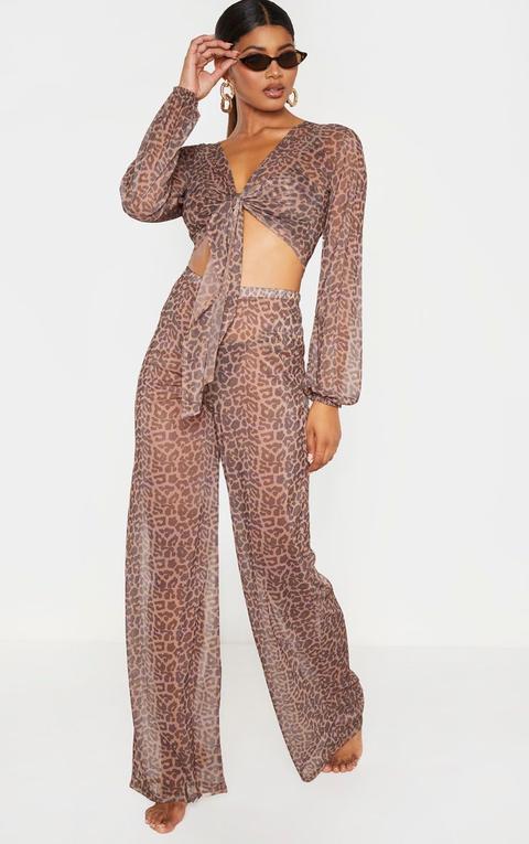 Tall Brown Leopard Print Sheer Trousers, Brown