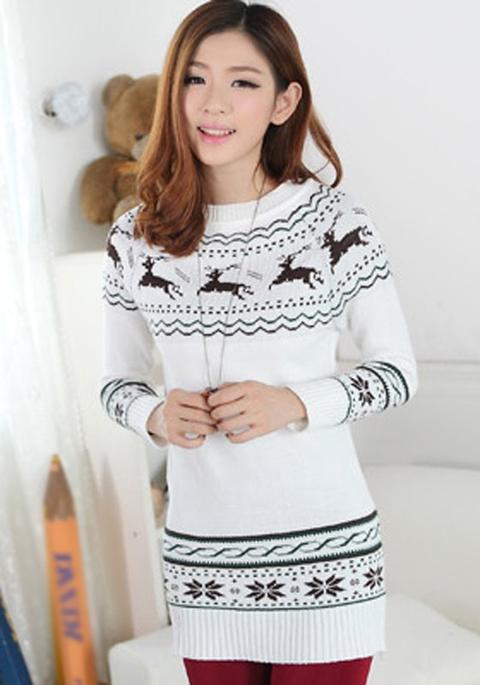 Maglione Cervi Stampa Manica Lunga Maglia Bianco