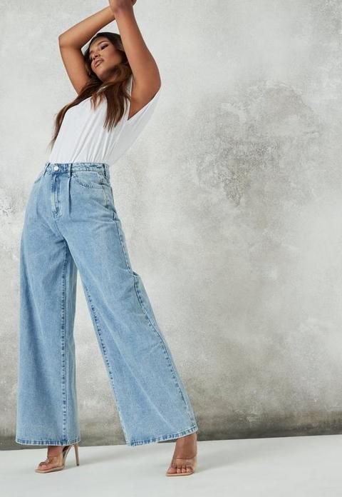 Light Blue Pleated Waistband Wide Leg Jeans, Blue