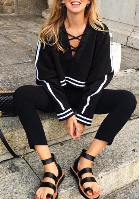 Felpa Pianura Coulisse Ritagliata V-collo Maglione Casuale Nero
