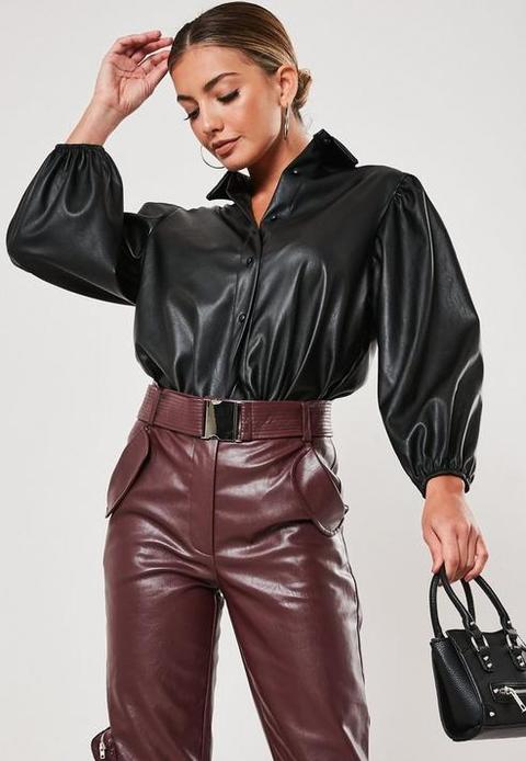 Black Faux Leather Puff Sleeve Shirt, Black