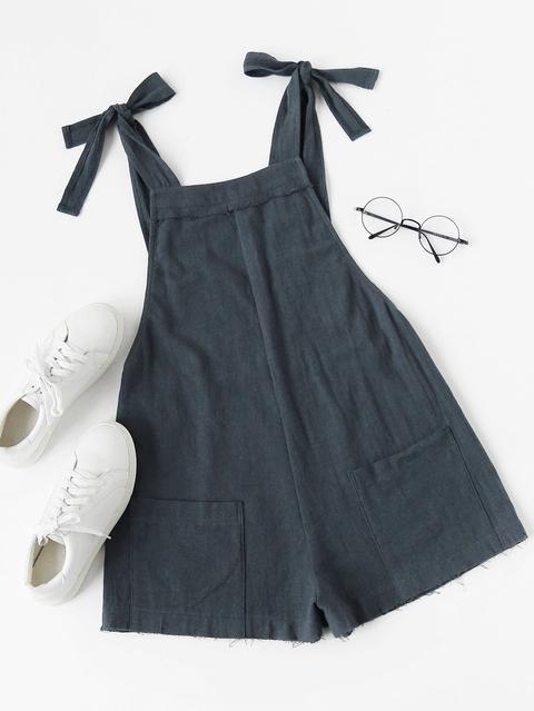 Self Tie Raw Hem Pinafore Romper