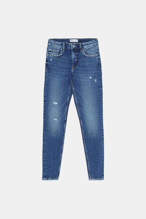 Jeans Mid Rise Skinny Compact Tachas Perlas