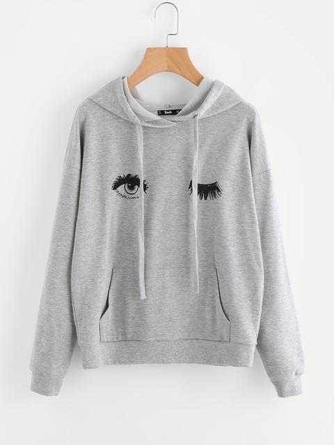 Wink Eye Print Kangaroo Pocket Front Hoodie