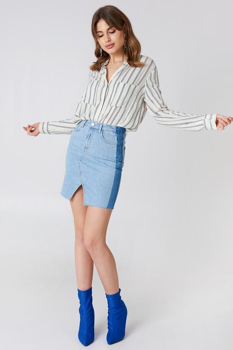 Front Slit Side Panel Denim Skirt Blue