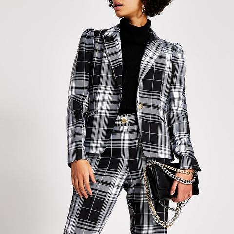 Black Mono Check Long Sleeve Blazer